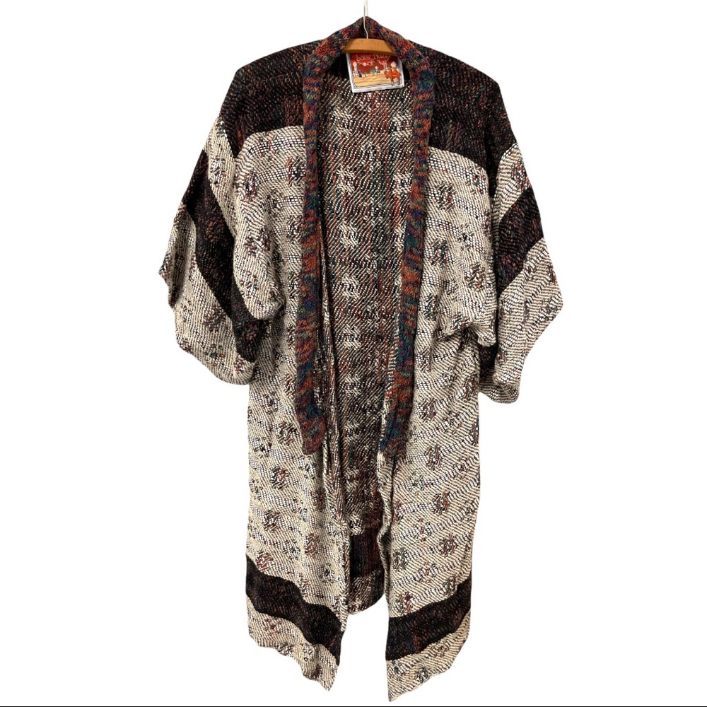 Vintage 1980s Laise Adzer Ikat Knit Heavy 3/4 Sleeves Kimono Duster Jacket OS - Picture 4 of 4